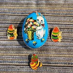 Vintage Egg Tins and 3 McDonald collector Easter pins